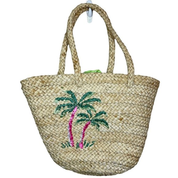 Vintage Handbags - Womens Beach Tote Bag Beige Basketweave Palm Trees Embroidered Dual Handle L